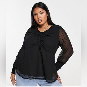 ASOS Simply Be Black Sheer Swiss Dot‎ Long Sleeve Blouse with Ruched Front Sz 16